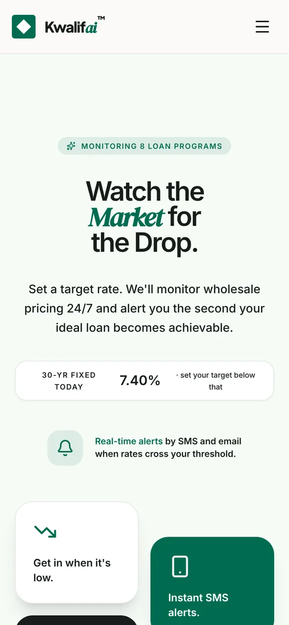 Rate Alerts page on kwalifai.com showing the headline Watch the Market for the Drop and today’s 30-year fixed benchmark