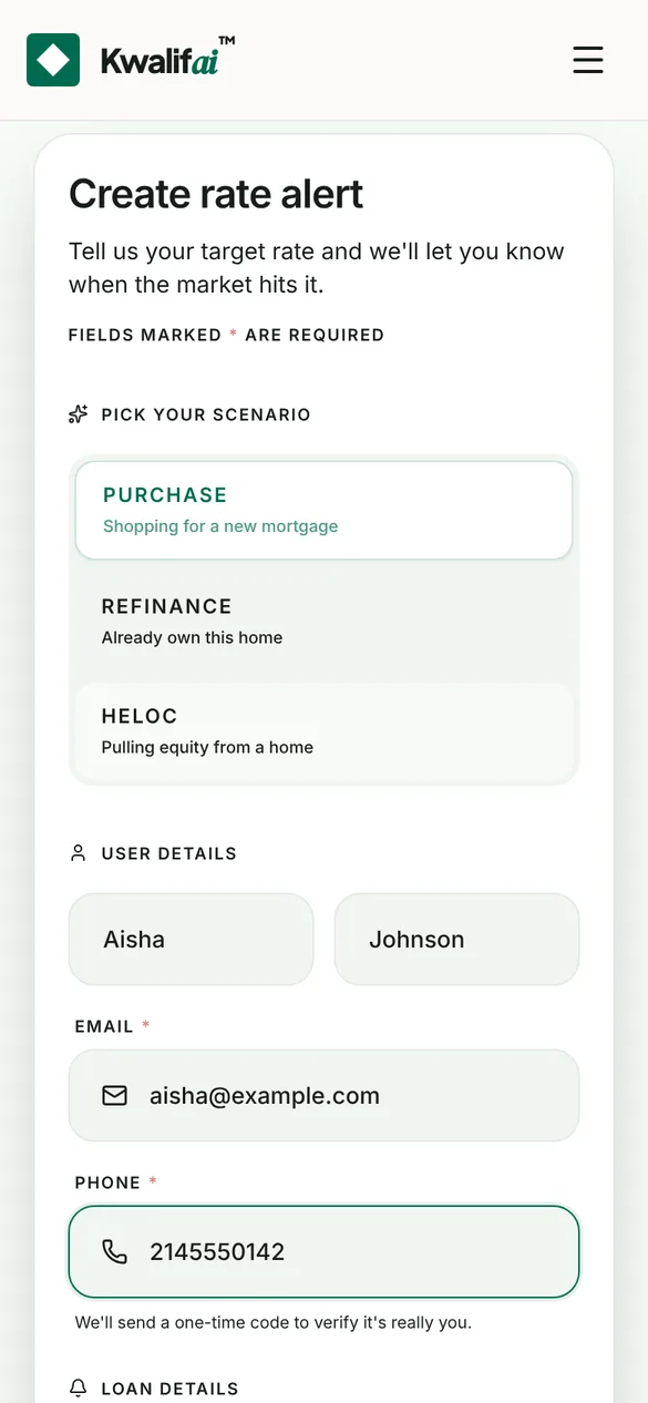 Create rate alert form with the Purchase scenario selected and name, email and phone filled in