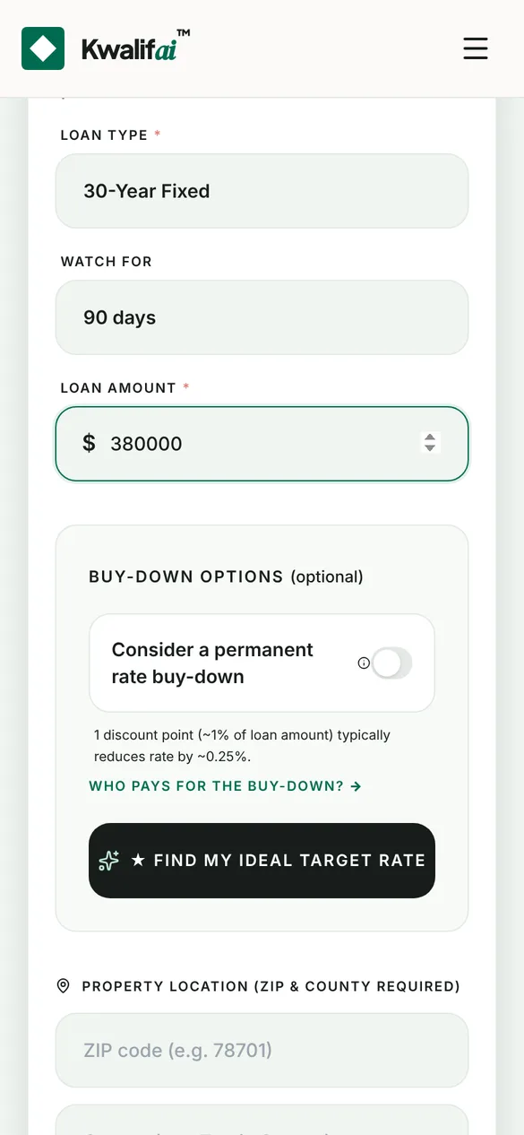 Loan details section with 30-Year Fixed, a 90 day watch window and a 380,000 dollar loan amount