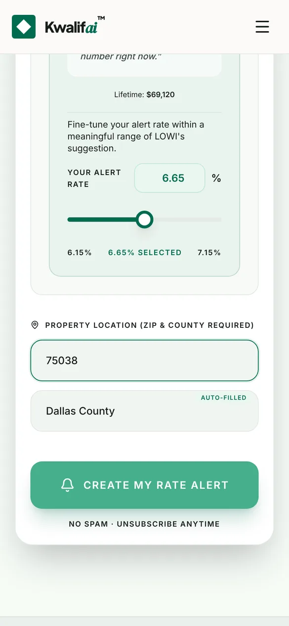 Property location with ZIP 75038, Dallas County auto-filled, and the Create my rate alert button