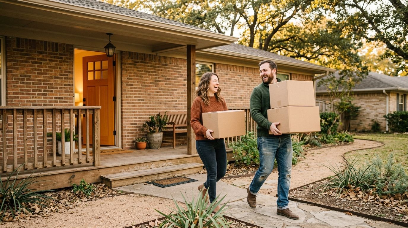 A couple carrying boxes into their brick home