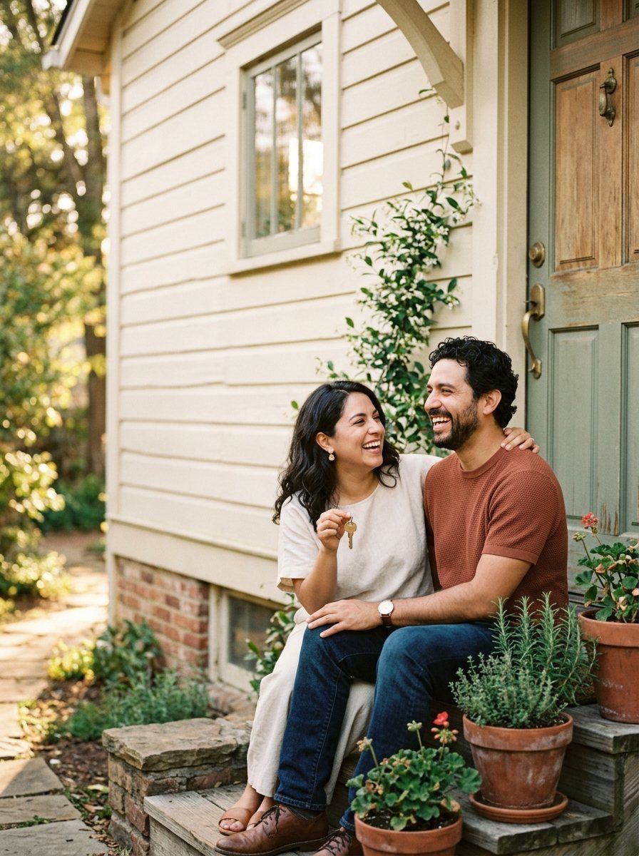 A couple laughing on the front steps of their new home, holding a key
