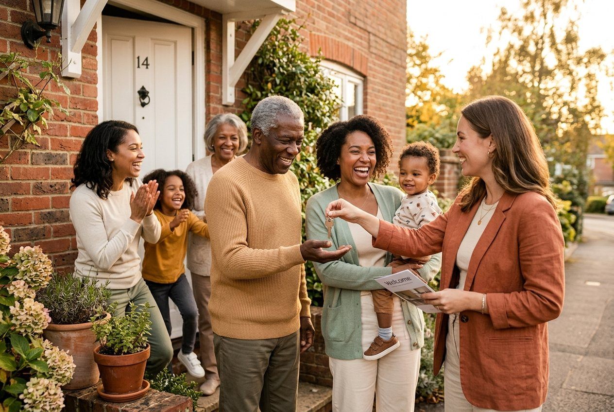 An agent handing keys to a smiling multigenerational family at their front door