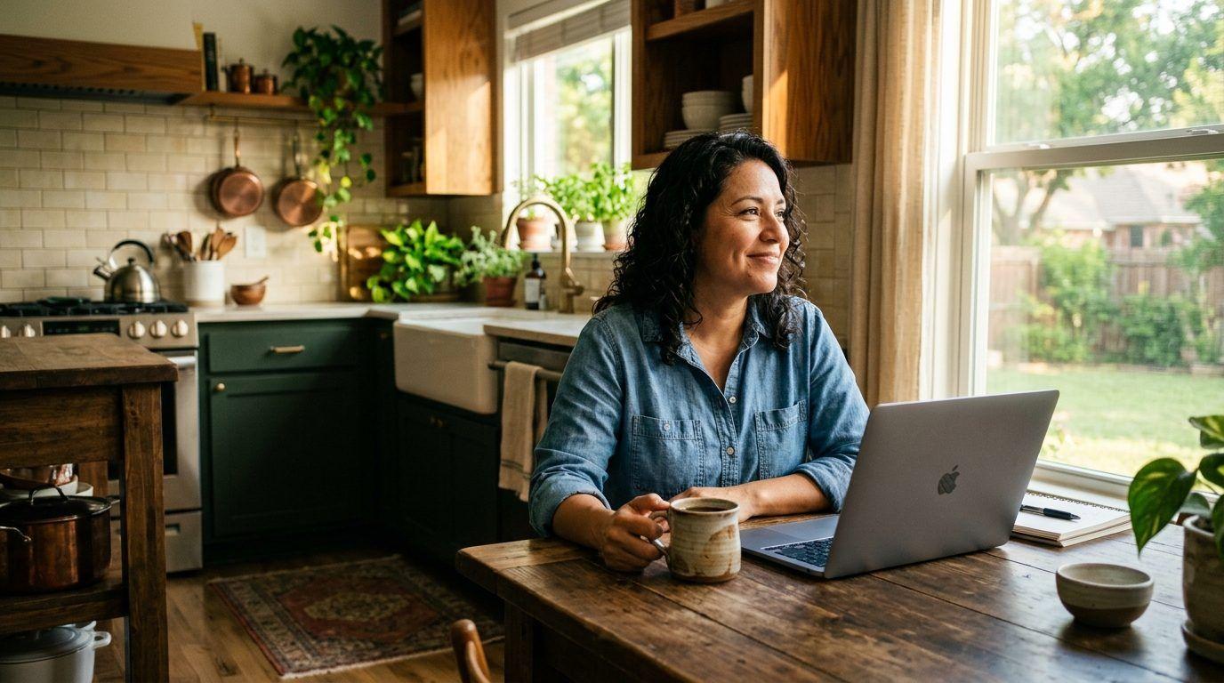 A homeowner smiling at her kitchen table